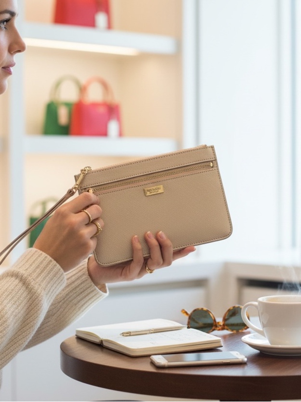 Kate Spade Laurel Way Tinie wristlet shimmering rose gold color